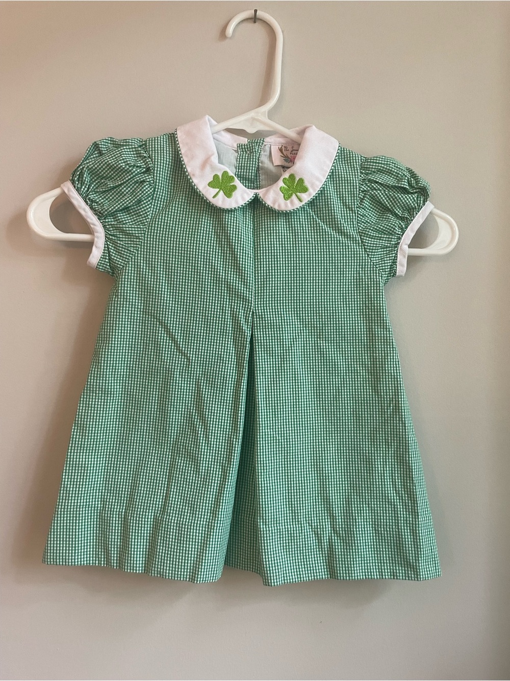The Smocking Place Girls 18M Green/White Gingham Clover Dress Peter Pan Collar